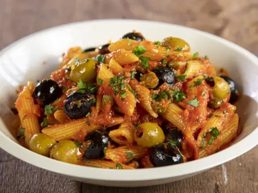 Penne al sugo rosso con olive nere e verdi, capperi e prezzemolo, un piatto di pasta alla puttanesca invitante.