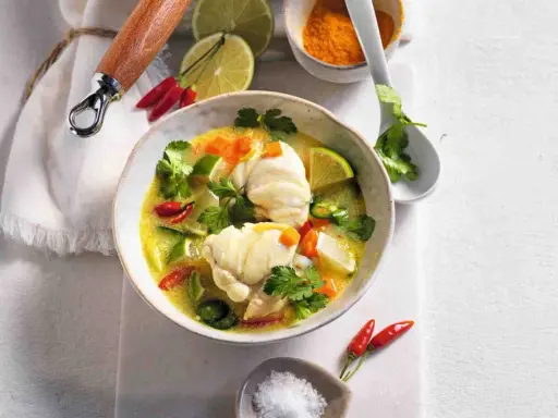 Zuppa esotica con rana pescatrice, lime, peperoncino e coriandolo. Un'idea per le tue rana pescatrice ricette.