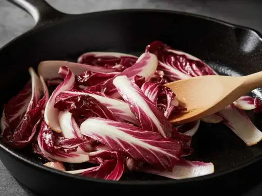 Fette di radicchio rosso vengono saltate in padella con un cucchiaio di legno.