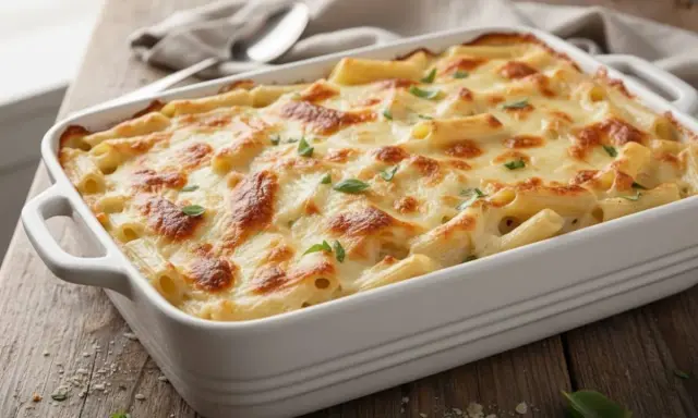 Pasta al forno bianca, dorata e filante, guarnita con basilico fresco, pronta per essere gustata.