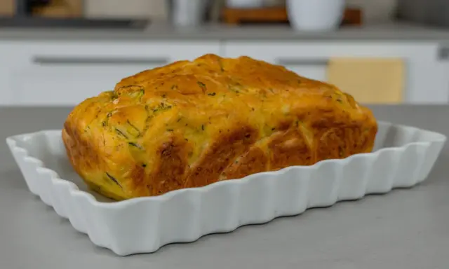 Sformato di zucchine dorato e soffice, appena sfornato, servito in una pirofila bianca.