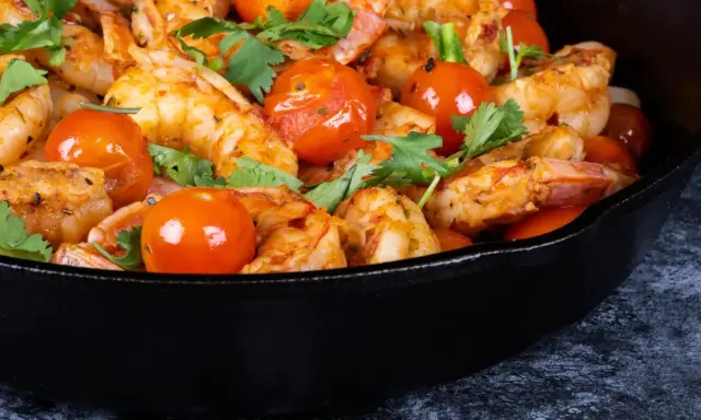 Gamberoni in padella succulenti, cotti con pomodorini e erbe aromatiche, un piatto invitante.