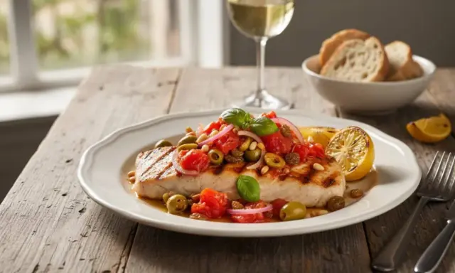 Un succulento pesce spada alla siciliana, guarnito con pomodori, olive, pinoli e basilico, accompagnato da limone grigliato e pane.