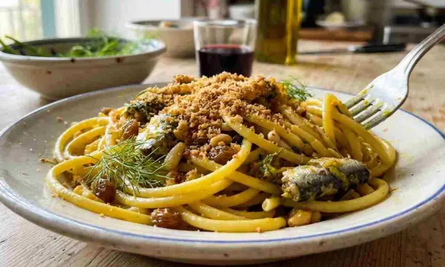 Un piatto di pasta con le sarde, condita con finocchietto selvatico, pinoli, uvetta e pangrattato croccante.