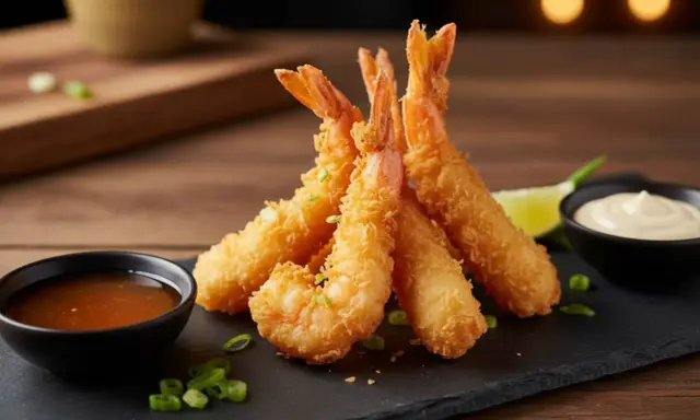 Gamberi in tempura dorati e croccanti, serviti con salsa agrodolce e maionese, guarniti con cipollotto fresco.