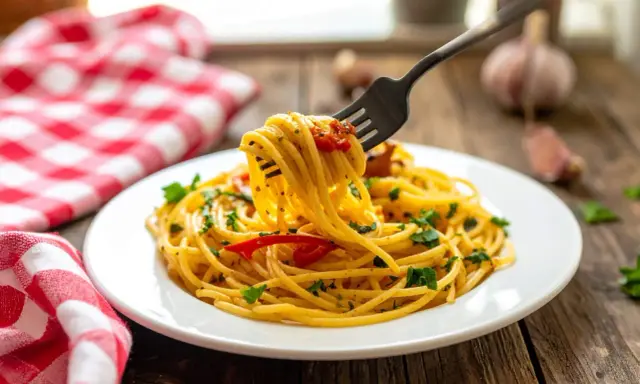 Un piatto di spaghetti alla carrettiera fumanti, conditi con pomodoro e prezzemolo, pronti per essere gustati.