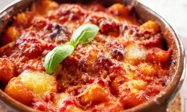 Gnocchi al forno, ricoperti di sugo rosso e formaggio filante, guarniti con una foglia di basilico. Un invitante piatto di pasta alla sorrentina.