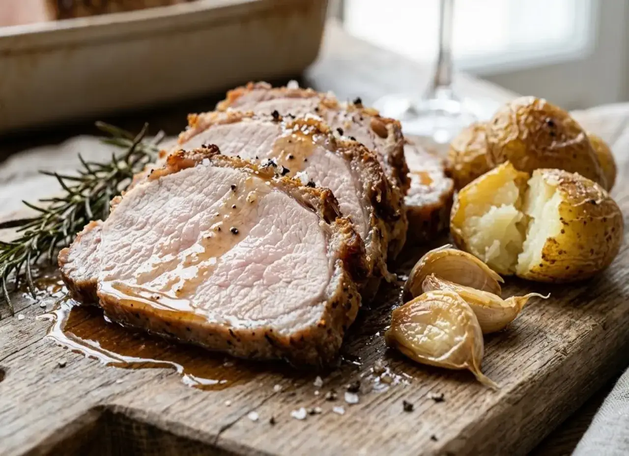 Fette succulente di arrosto di maiale, patate novelle e spicchi d'aglio arrostiti su un tagliere di legno rustico.