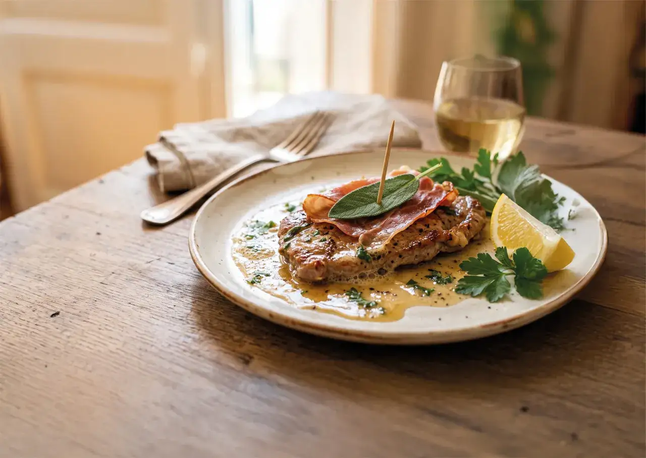 Saltimbocca alla romana su piatto rustico, con prosciutto crudo, salvia, limone e prezzemolo. Un bicchiere di vino bianco sullo sfondo.