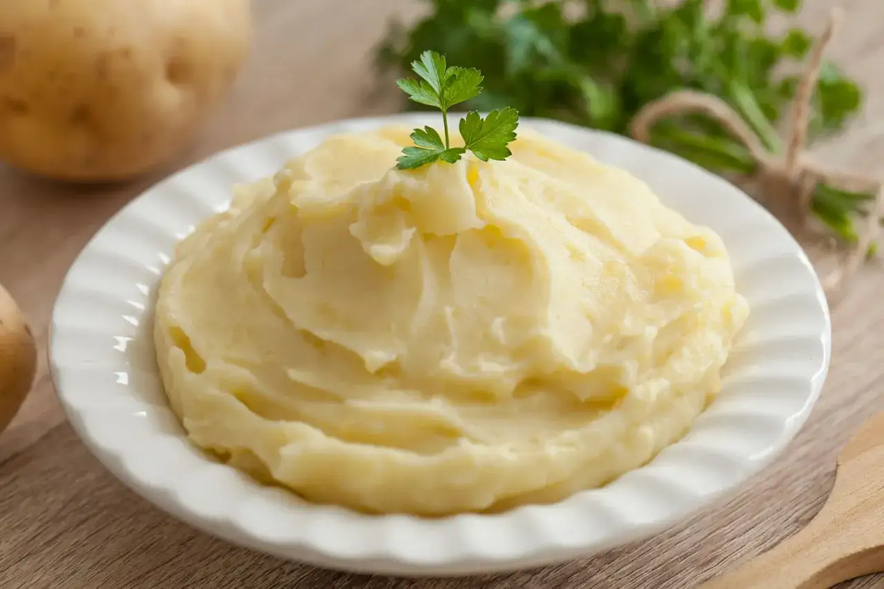 Un invitante pure di patate cremoso, guarnito con prezzemolo fresco, pronto per essere gustato.