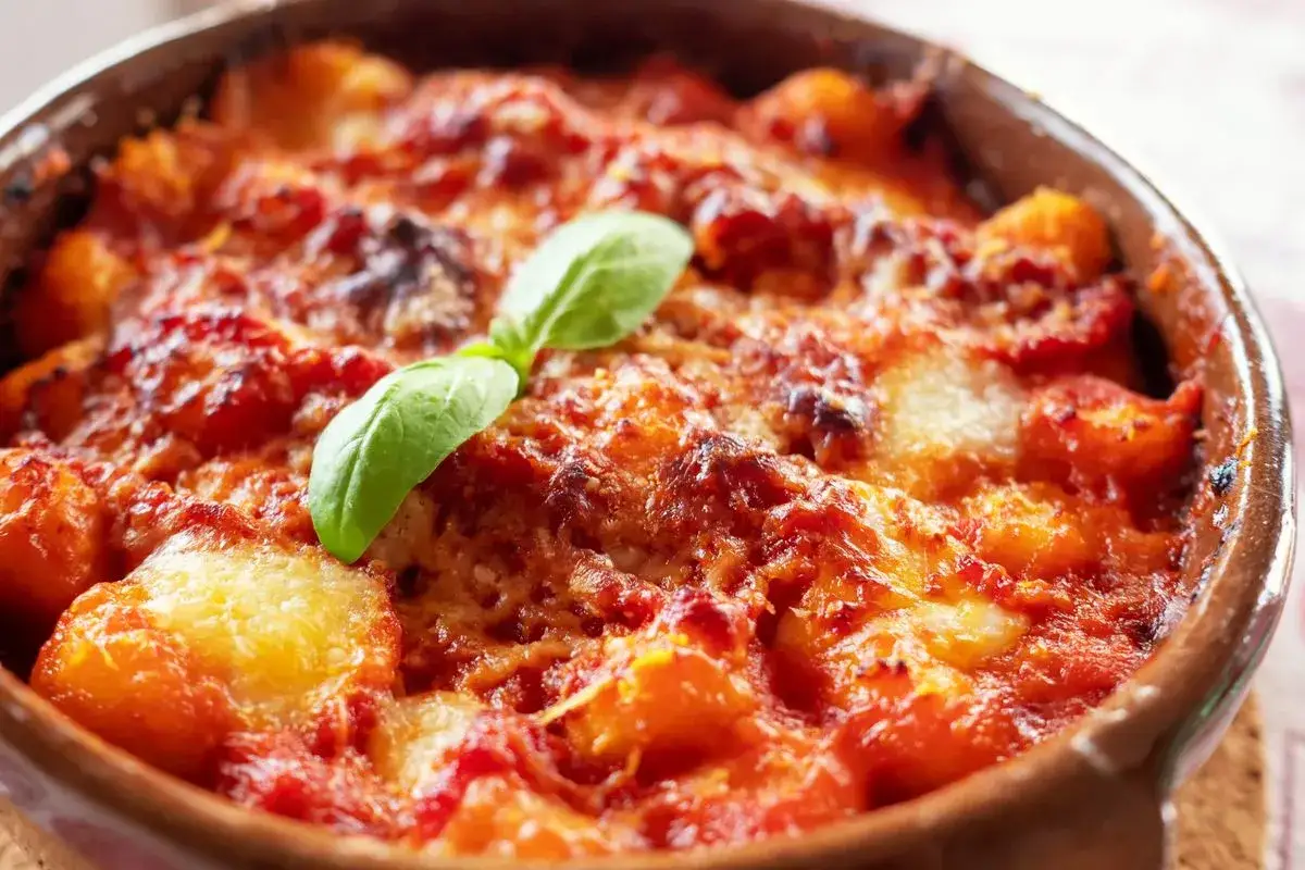 Gnocchi alla sorrentina fumanti in terracotta, con pomodoro filante e basilico fresco. Un classico della cucina italiana.