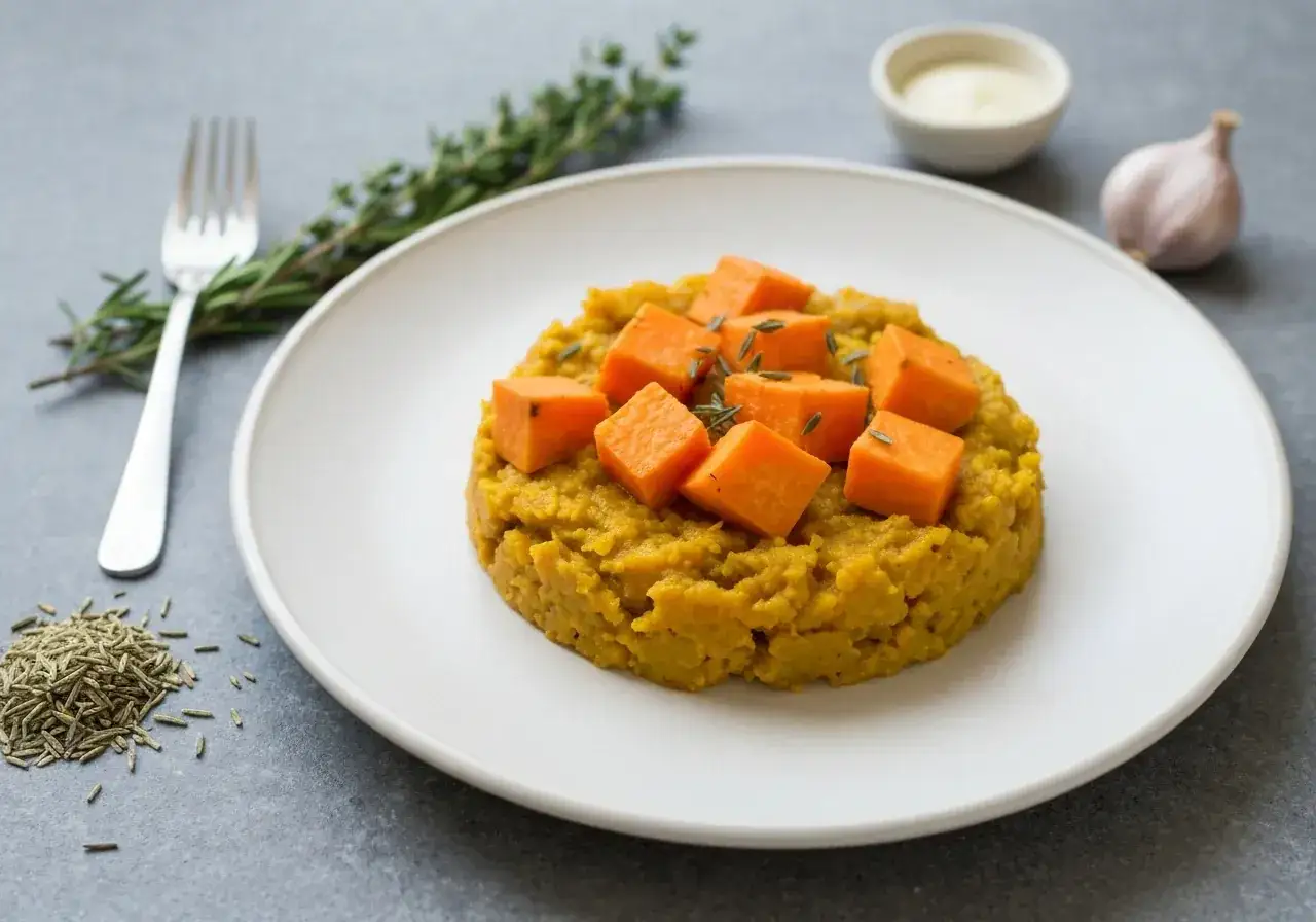 Piatto di pur&egrave; giallo con cubetti di patate dolci al forno e rosmarino.