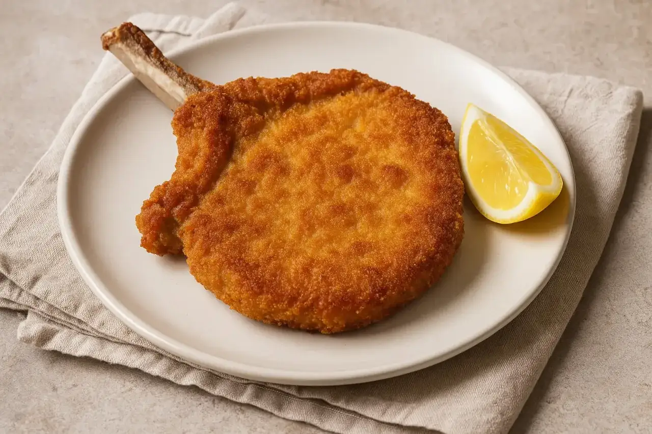 Una dorata cotoletta alla milanese, croccante e succulenta, servita su un piatto con una fetta di limone.