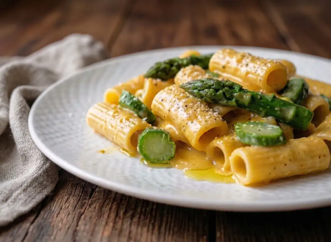 Rigatoni cremosi con asparagi freschi, un'interpretazione primaverile della carbonara di asparagi, conditi con pepe nero.