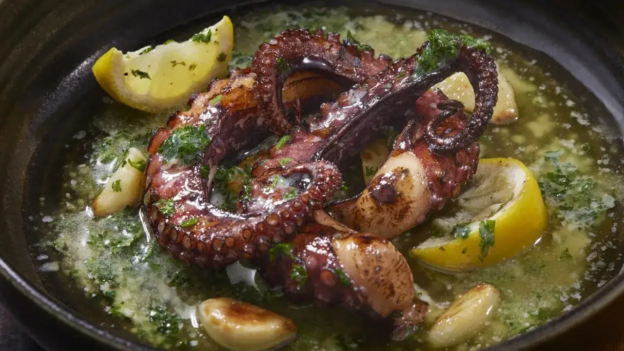 Polpo alla griglia succulento in salsa verde con spicchi di limone e aglio.