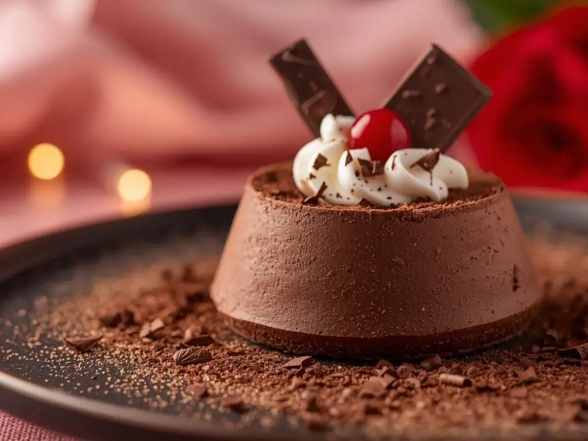 Deliziosa mousse al cioccolato, guarnita con panna montata, ciliegina e scaglie di cioccolato, su un piatto cosparso di cacao.