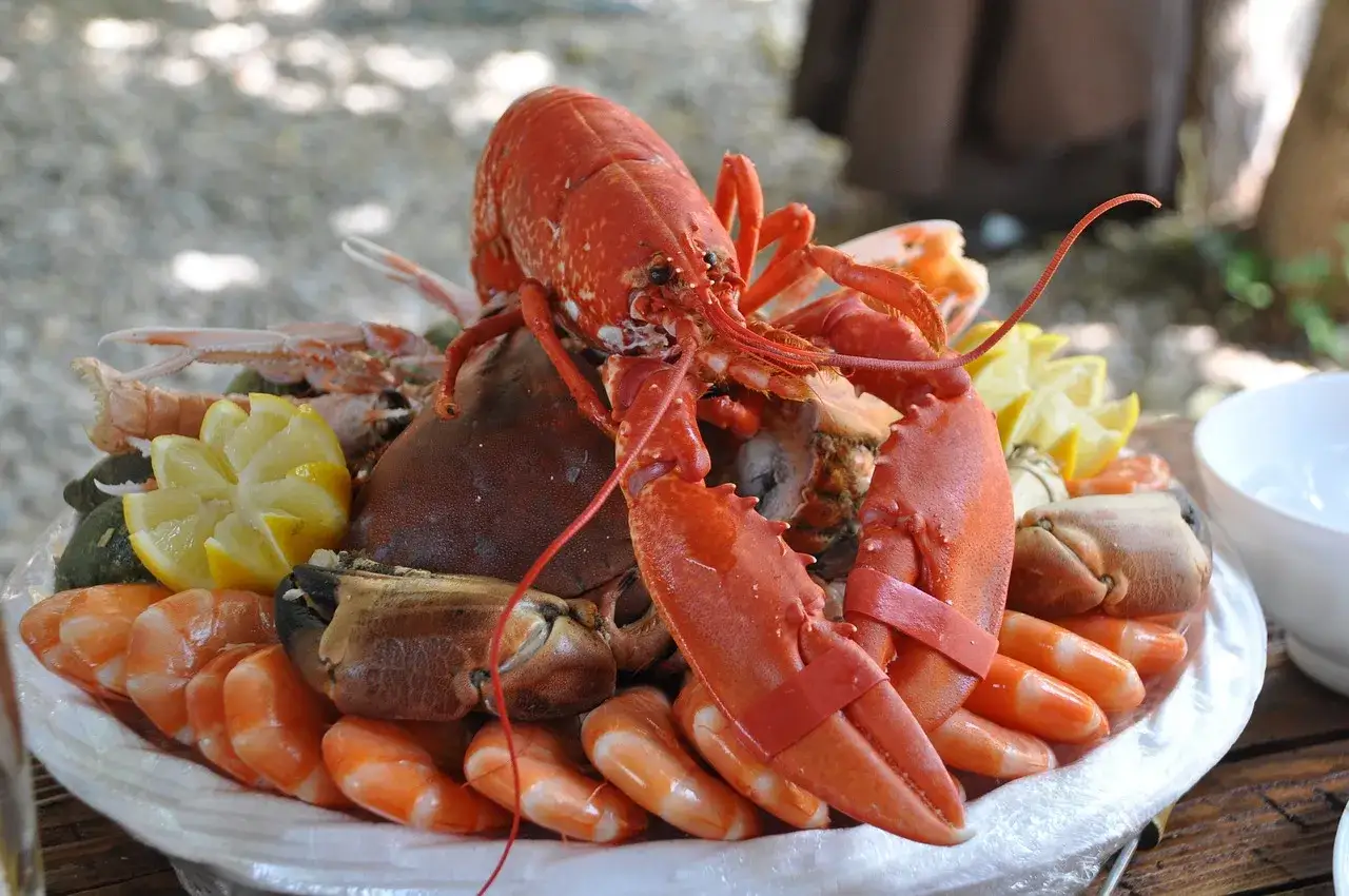 Un invitante astice alla catalana, con gamberi, limone e scampi, pronto per essere gustato.