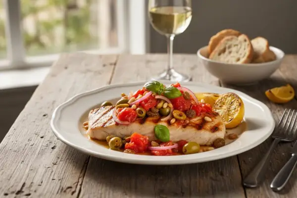 Un succulento pesce spada alla siciliana, guarnito con pomodori, olive, pinoli e basilico, accompagnato da limone grigliato e pane.