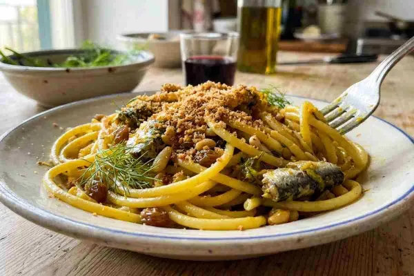 Un piatto di pasta con le sarde, condita con finocchietto selvatico, pinoli, uvetta e pangrattato croccante.