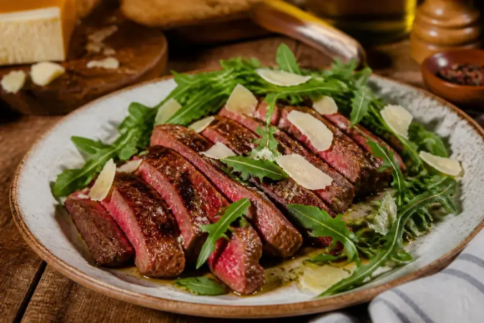 Tagliata di manzo succulenta, affettata e servita su un letto di rucola fresca, guarnita con scaglie di parmigiano.